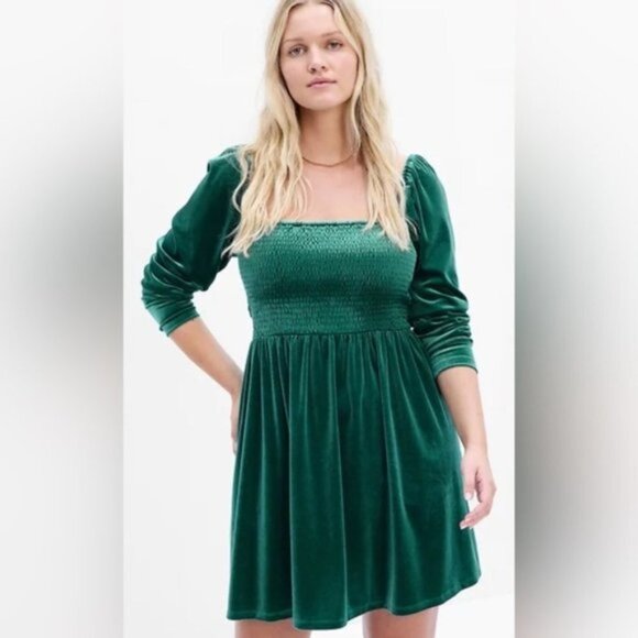 GAP Forest Green Smocked Velvet Long Sleeve Mini Dress Size  XSP - Picture 13 of 13